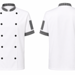 VESTE CUISINE MIXTE BLANCHE GARNAGE PIED DE POULE MANCHES COURTES