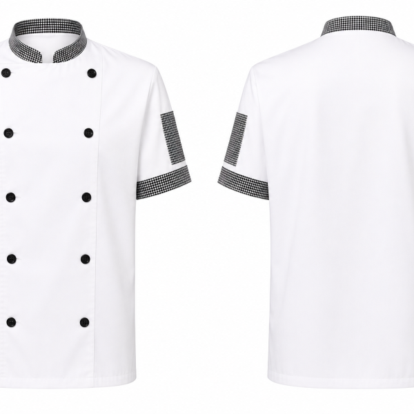 VESTE CUISINE MIXTE BLANCHE GARNAGE PIED DE POULE MANCHES COURTES